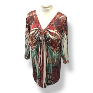 One World Women’s 3/4 Sleeve V Neck Tunic Top Sequin Whimsigoth Rust Floral 2X